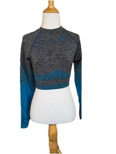 GYMSHARK Amplify Seamless Long Sleeve Crop Top Grey Marl Teal Size Medium