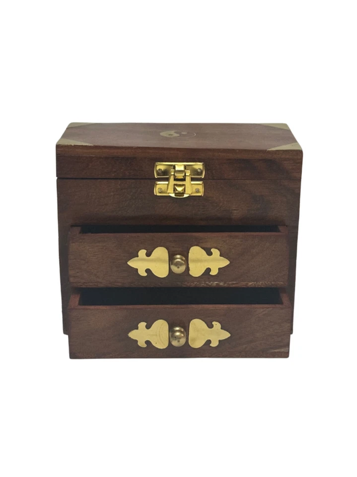 Spiritual Wooden Jewelry Box Yin Yang Carved Gift Keepsake Storage Drawers - Image 4 of 4