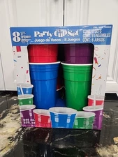 Jumbo Double Wall Insulated 32oz Reusable Party Cups W/Lids Set 8. Colors. New