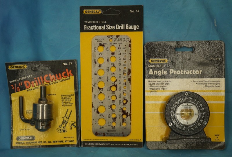 NEW 3 VINTAGE General Tool Drill Chuck 37 + Drill Gauge 14 + AngleProtractor 845