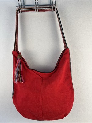 Unique Toni Large Red Material Boho Hobo Bag Multi color Trim Tassel
