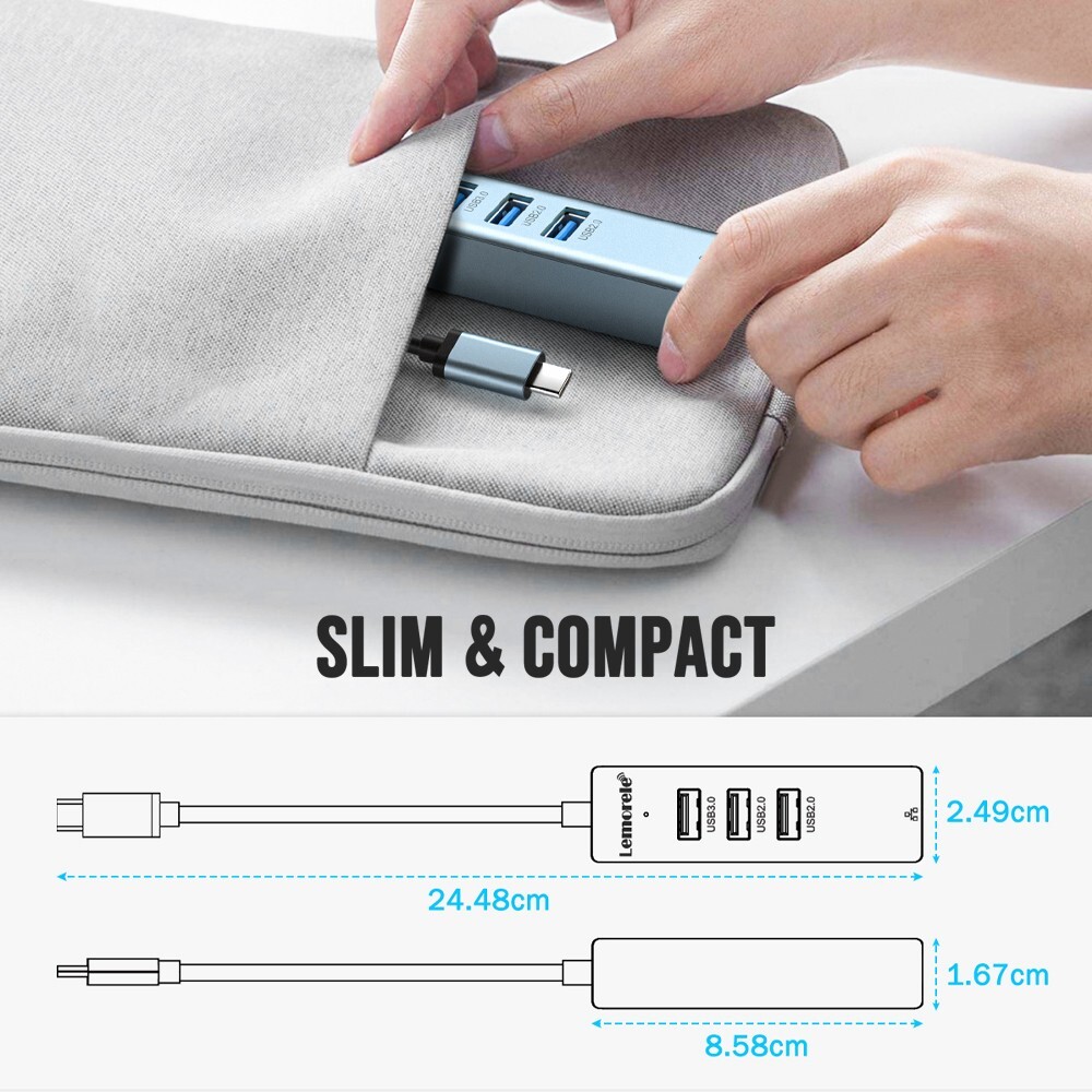 Lemorele USB Hub USB Adapter 4-in-1 USB+RJ45 LAN Network Port for Laptop Grey