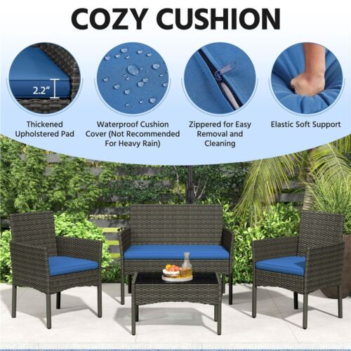 Patio Furniture Set 4 Pcs Rattan Chair Garden Conversation Outdoor Bistro Sets - Picture 19 of 27