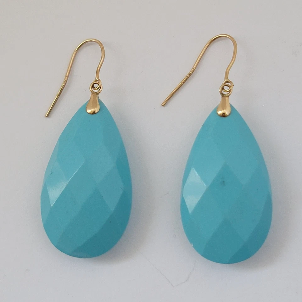 14k Yellow Gold Blue Turquoise Color Acrylic Drop Dangle Earrings - Image 2 of 4