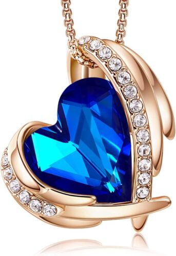 3 Pc. Necklace Earring Set ROSE GOLD BLUE Heart September Sapphire Valentine's - Picture 4 of 11