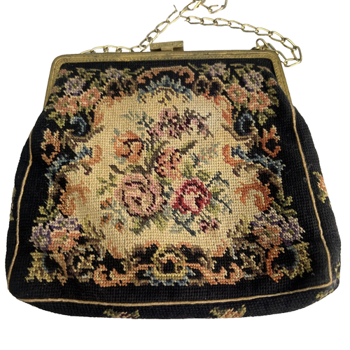 Vintage 1940s 50s Tapestry Mini Handbag Purse w/Kiss Lock Ornate Brass? Frame - Picture 4 of 10