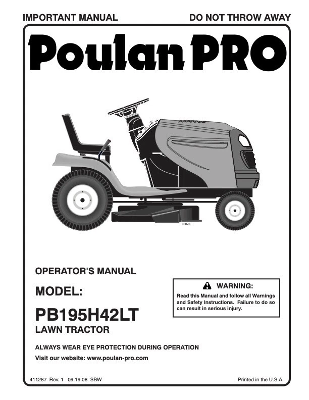 Owner s Manual PoulanPro Lawn Tractor Riding Mower Model