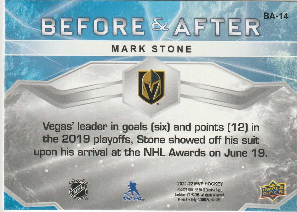 Mark Stone 2021-22 Upper Deck MVP Hockey Before & After #BA-14 Golden Knights  - Image 2 of 2