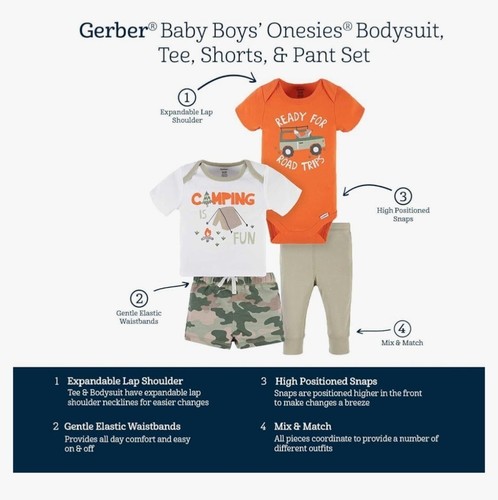 Gerber Baby Boys Camping Fun 4-Piece Bodysuit Tee Shorts & Pant Set Newborn Cott - Picture 11 of 11