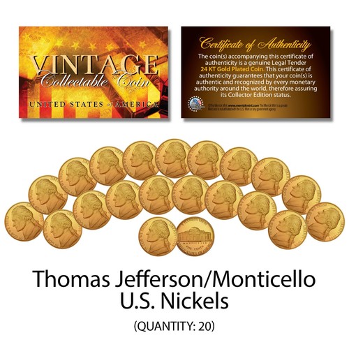 Thomas Jefferson VINTAGE U.S. NICKELS Uncirculated 24KT Gold Plated - QTY 20