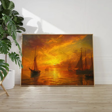 Beautiful Orange Sky & Boats in The Sea Poster Premium Quality Choose your Size
