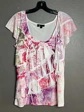 AB Studio Womens Medium Pink & White Abstract Short Sleeve Blouse