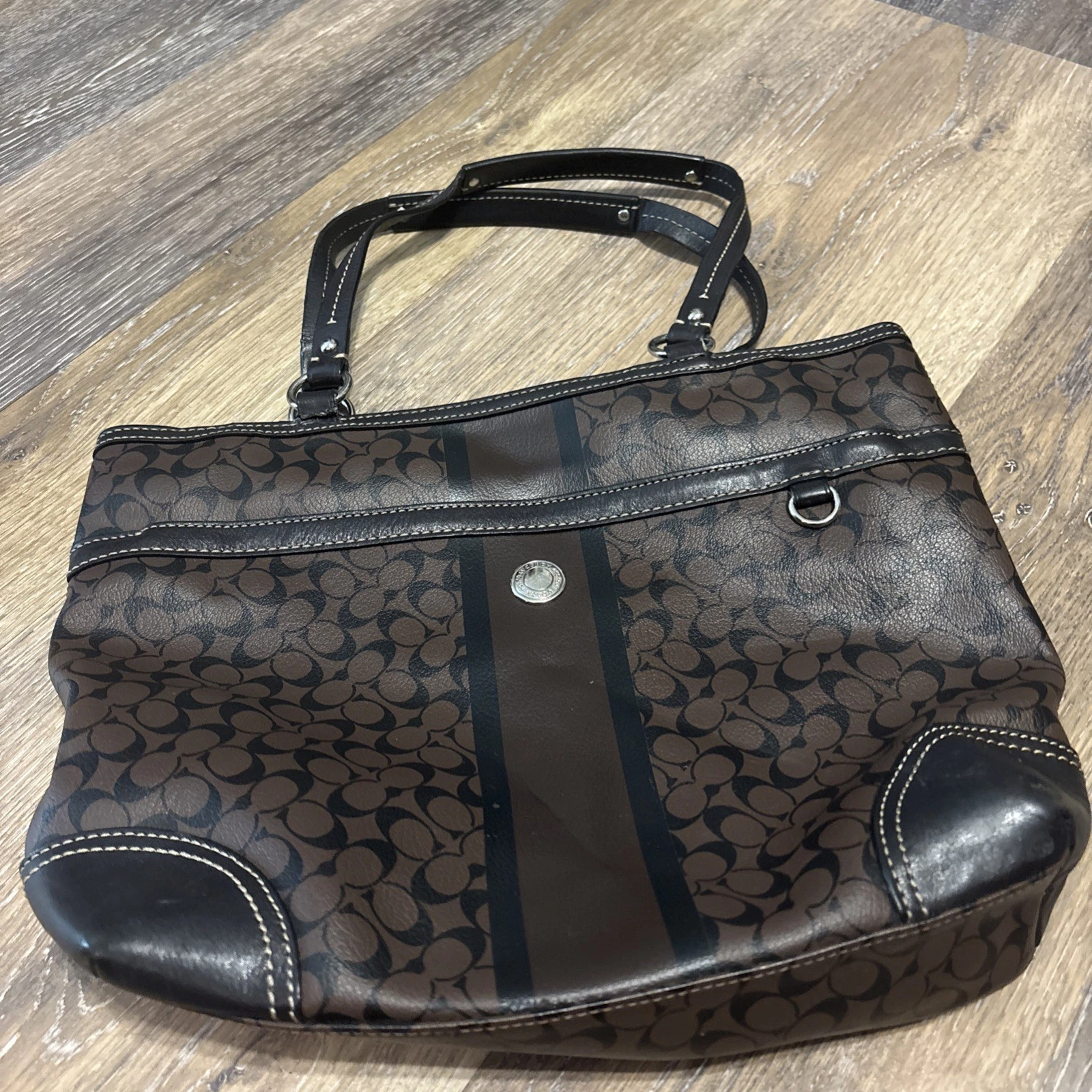 Borsa Coach Chelsea Heritage a righe marrone firmata in pelle doppia F15137