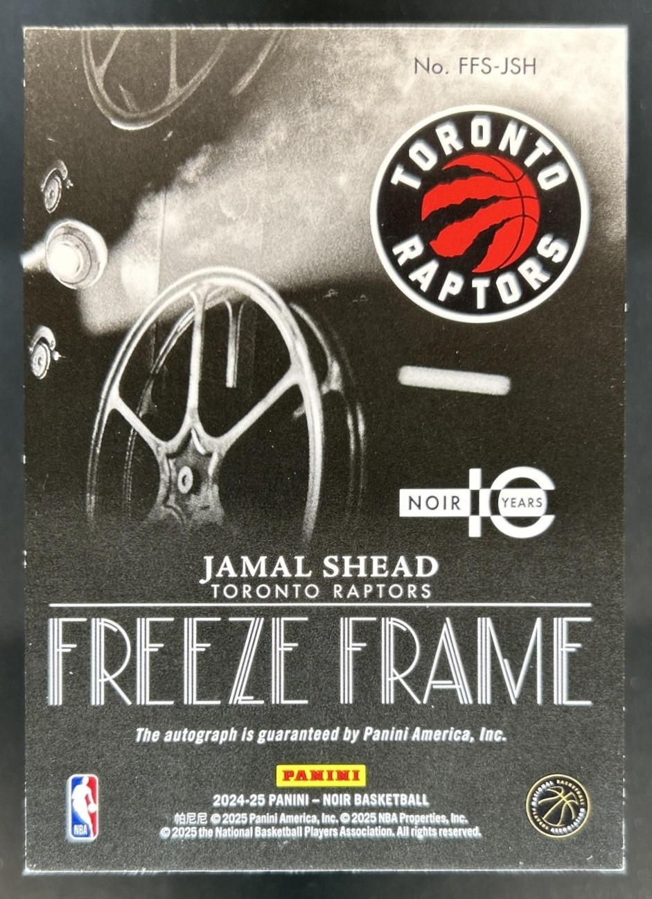 2024-25 Panini Noir Jamal Shead Freeze Frame Signatures RC Platinum Auto #1/1 view 2