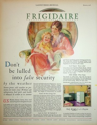 Original 1928 Vintage Kitchen Ad: Frigidaire-Don't be lulled into False Security