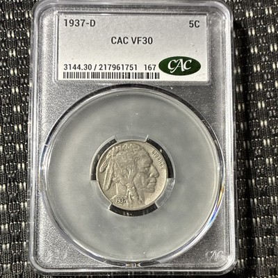 CAC 1937-D Buffalo Nickel 5C VF30 Denver