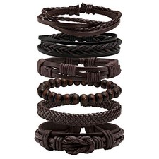 6 Pcs Braided Leather Bracelet for Men Women Wooden Beaded Cuff Wrap A: Brown