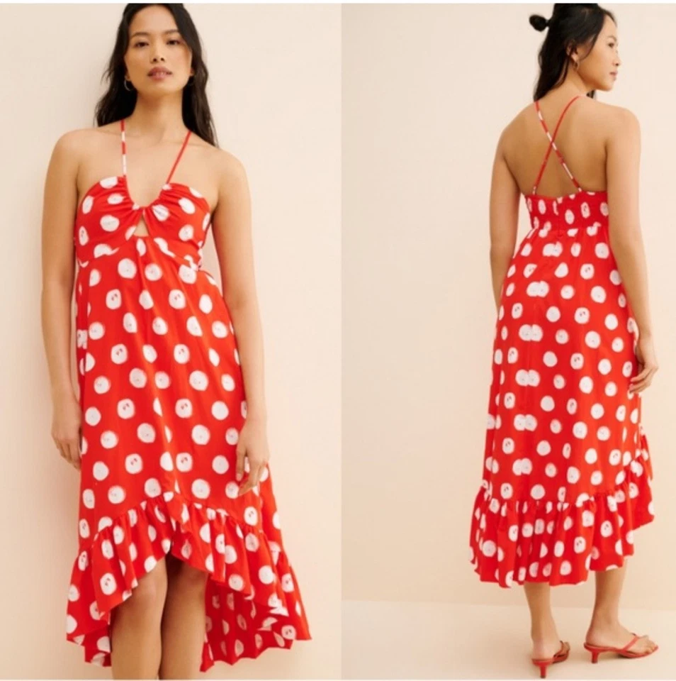 Vestido midi Plenty by Tracy Reese talla M alto bajo volante rojo lunares halter Foto 2 de 4