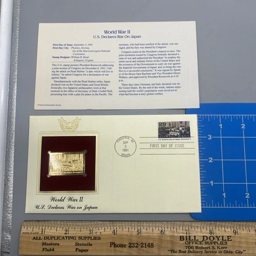 World War II 22kt Gold Stamps First Day of Issue 29 Cent U.S. DECLARES WAR JAPAN