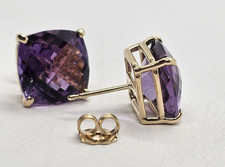 cushion amethyst stud earrings 14k yellow gold 11 mm square cushion cut NEW