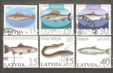 Latvia: selection of 6 used stamps, Fish, 2002-2005, Mi#574-640
