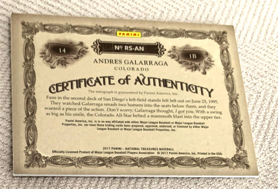 2017 Panini National Treasures-Andres Galarraga Retro Signatures Auto /99 #RS-AN view 3