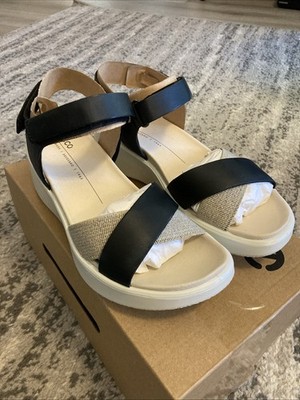 Women s Ecco Flowt Wedge LX W Cross Strap Leather Sandal Black/Tan Size 7-7.5