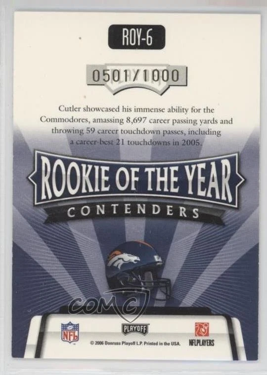 2006 Playoff Contenders Rookie of the Year /1000 Jay Cutler #ROY-6 RC - Image 2 of 2