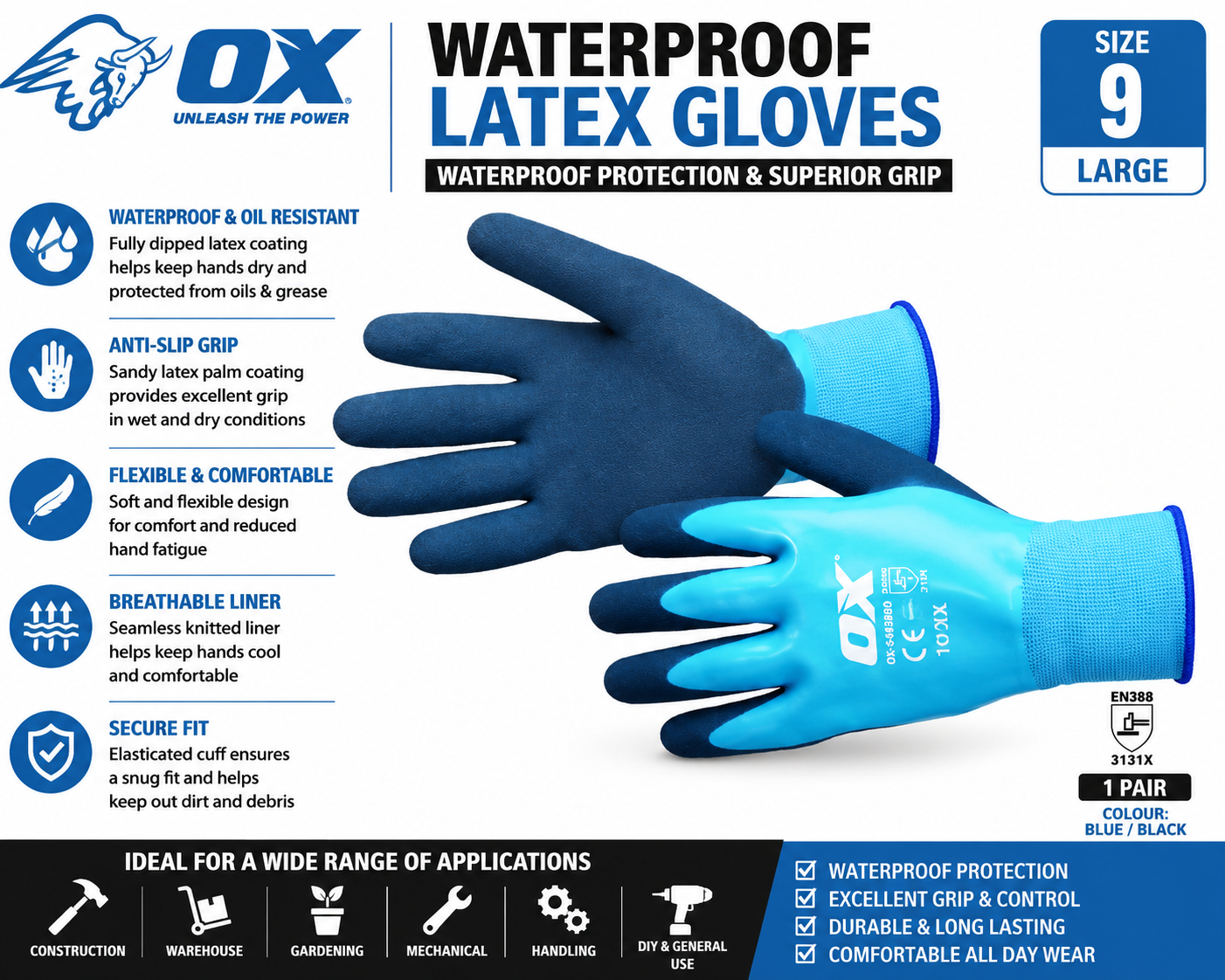 Ox Tools Waterproof Latex Gloves Size 9 / Large Work Safety Wear - Image 2