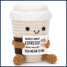 Funny Crochet Emotional Support Coffee Doll With Card Desktop Ornament Handmade