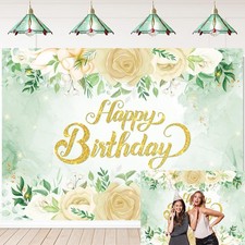 Greenery Happy Birthday Backdrop Sage Green Glitter Gold Eucalyptus Leaves White