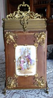 Antique German Leather Photo Album Gilt Brass Easel Sevres H.P. Porcelain Plaque