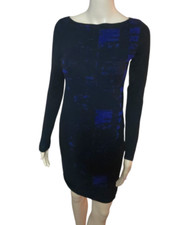Elie Tahari Long Sleeve Geometric Blue & Black Sweater Dress Women Size S
