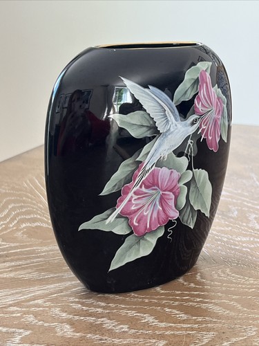 Otagiri Black Ceramic Vase Hummingbird Hibiscus Oval Shape 6.5” Vintage 1980s - Picture 2 of 13