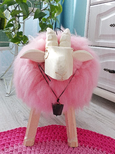 PINK Ottoman, Nursery Room Decor Sheepskin Pouf, Kid's Room Real Fur Footstool - Image 3 of 4