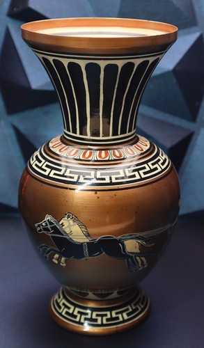 Handmade GEM Greece Copper Glazed Vase with Chariot Scene, Mid-Century Copper - Picture 2 of 10