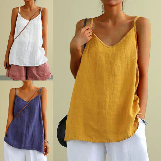 Women Cotton Linen Strappy Tank Top Ladies Summer Beach Sleeveless Vest T Shirt