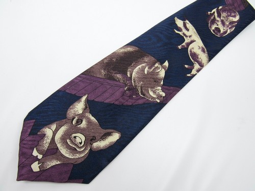 FloRence Tie Pigs Hogs 100% Polyester Necktie Blue Shiny Metallic - Picture 2 of 9