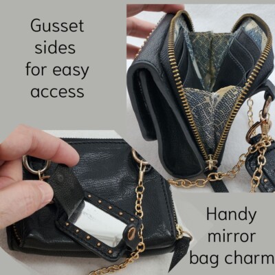 ★JOY GRYSON★GLAM MICRO BAG CHARM Joy Gryson Black Leather Gold Studs 2 Compt. Wallet