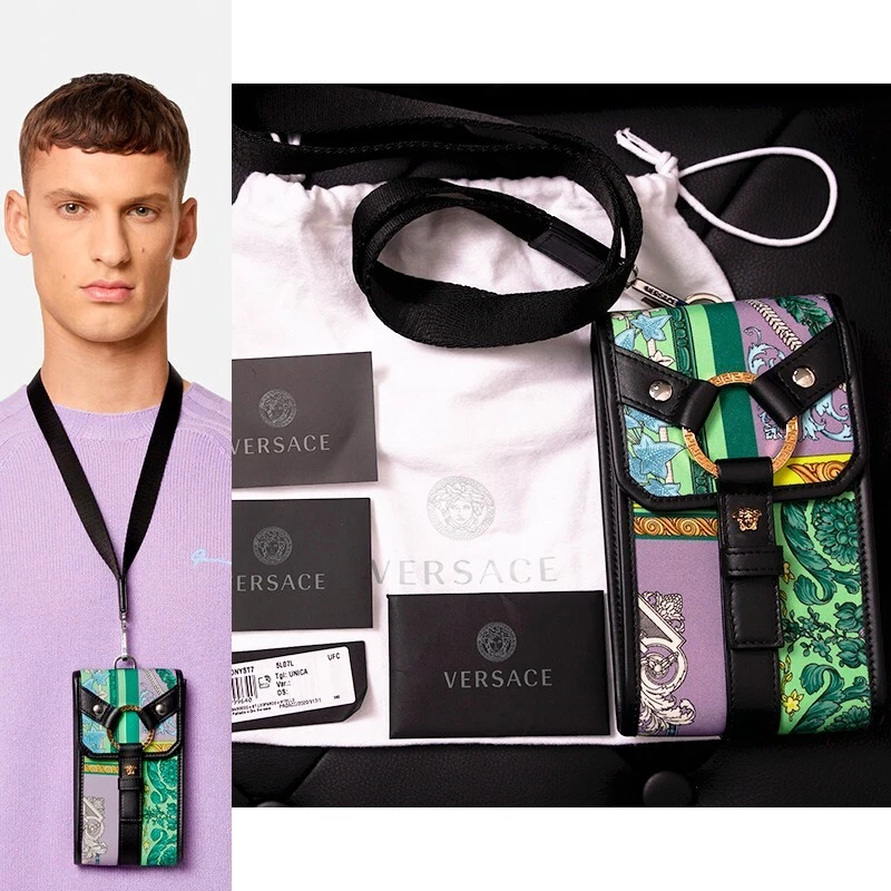 NEW 625 VERSACE Blck BONDAGE STRAP Barocco Mosaic MEDUSA Phone Travel Pouch BAG