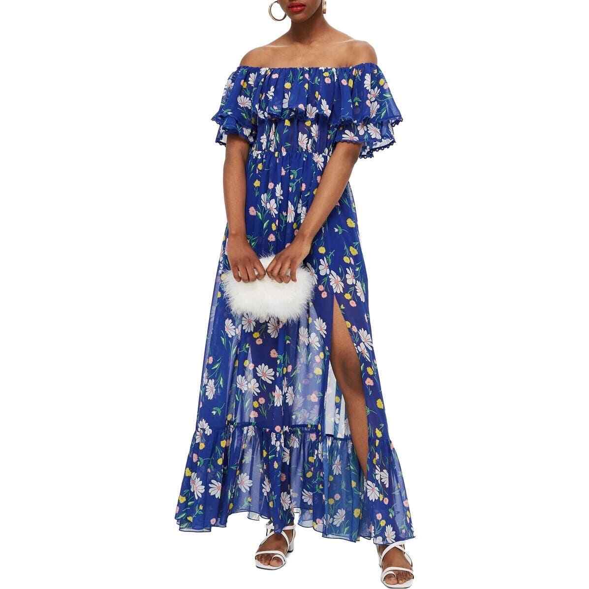 Topshop Bardot Blue Floral Print Off the Shoulder Maxi Dress Size