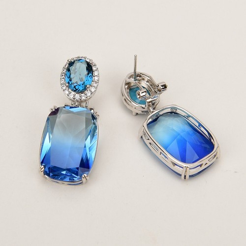 Natural Blue Gradient Colorful Crystal Rectangle Karat Gold Zircon Stud Earrings - Picture 6 of 13
