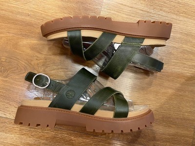 Timberland Womens Clairemont Way Cross Strap Sandal Dark Green Full Grain A2KZ5