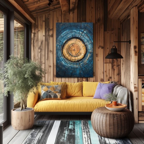 Wall Art Nature Blue Gold Tree Rings, Framed Canvas Print, Abstract Log Artwork - Picture 6 of 12