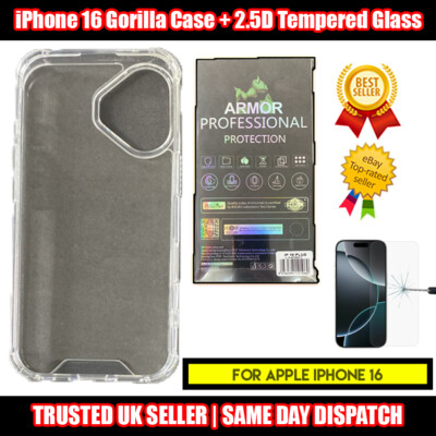 Anti Shock Gorilla Schutzhülle für iPhone 16 + 2.5D Hartglas