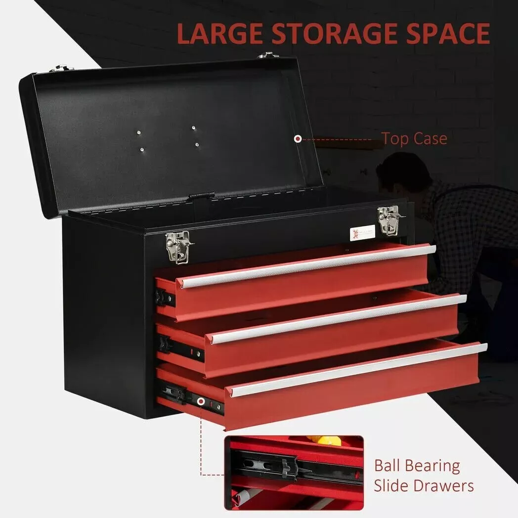 3 Drawer Tool Chest Lockable Tool Box w Ball Bearing Runners 51cmx22cmx32cm