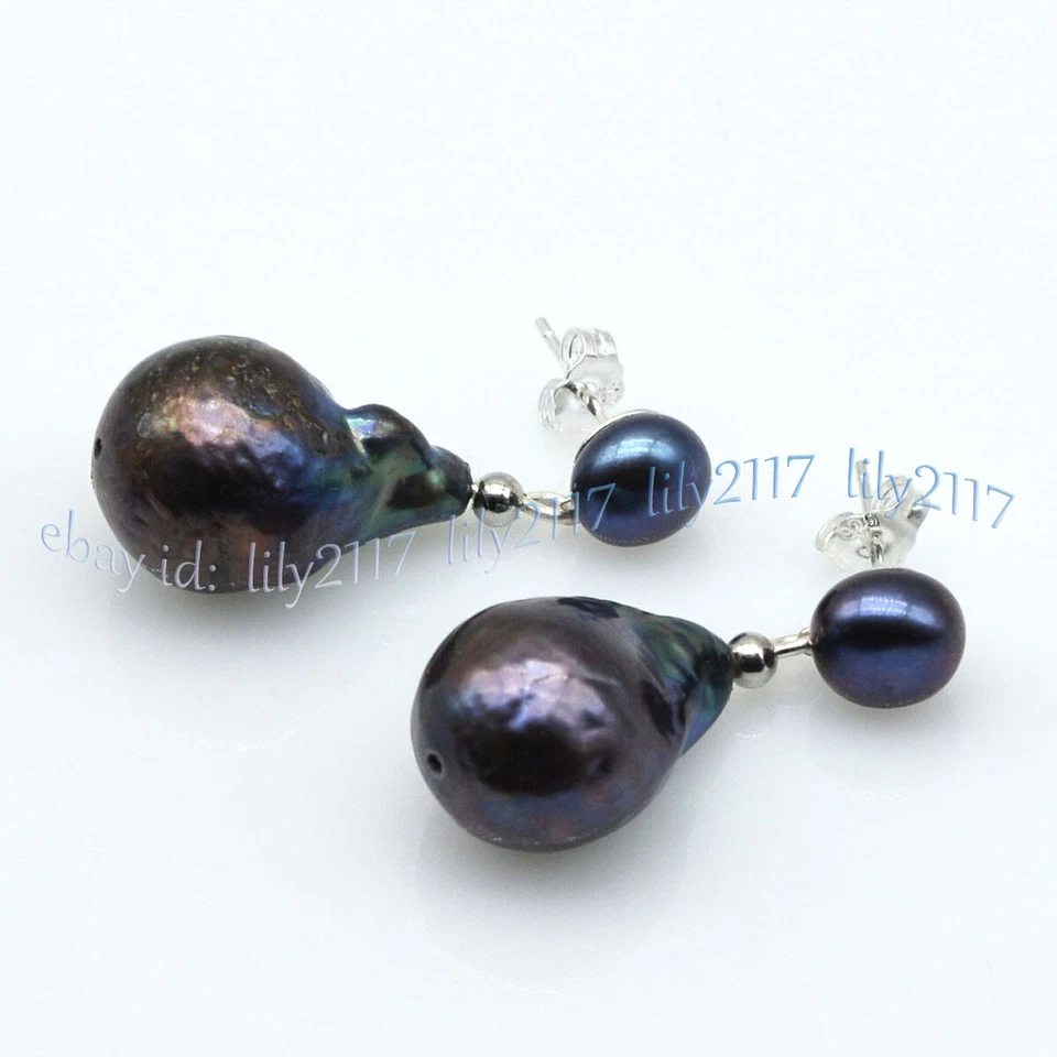 ENORMES ARETES COLGANTES DE PLATA PERLA BARROCA KESHI NEGRA NATURAL REAL DE 16-20 MM Foto 3 de 4