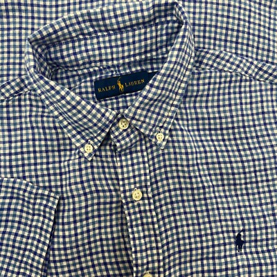 Ralph Lauren Shirt Men L Blue Gingham Checkered Plaid Linen Short Sleeve Button