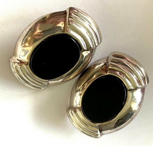 Designer Zina 925 Modernist Oval Black Onyx Large Bold Ladies Clip-On Earrings - Picture 9 of 12