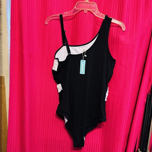 #8530 AQUA EVE WOMENS BLACK AND WHITE ONE PIECE BATHING SUIT SIZE 16W - Picture 4 of 6